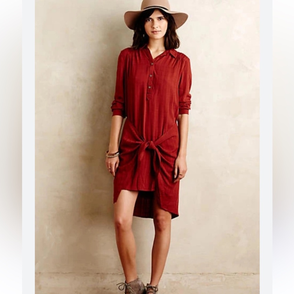MAEVE Anthropologie Rust Red/Orange Bloomsbury Tie-Front Mini Shirt Dress Size 2